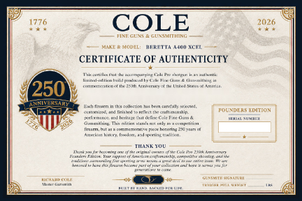 Front of Cole Pro 250th Anniversary Certificate of Authenticity